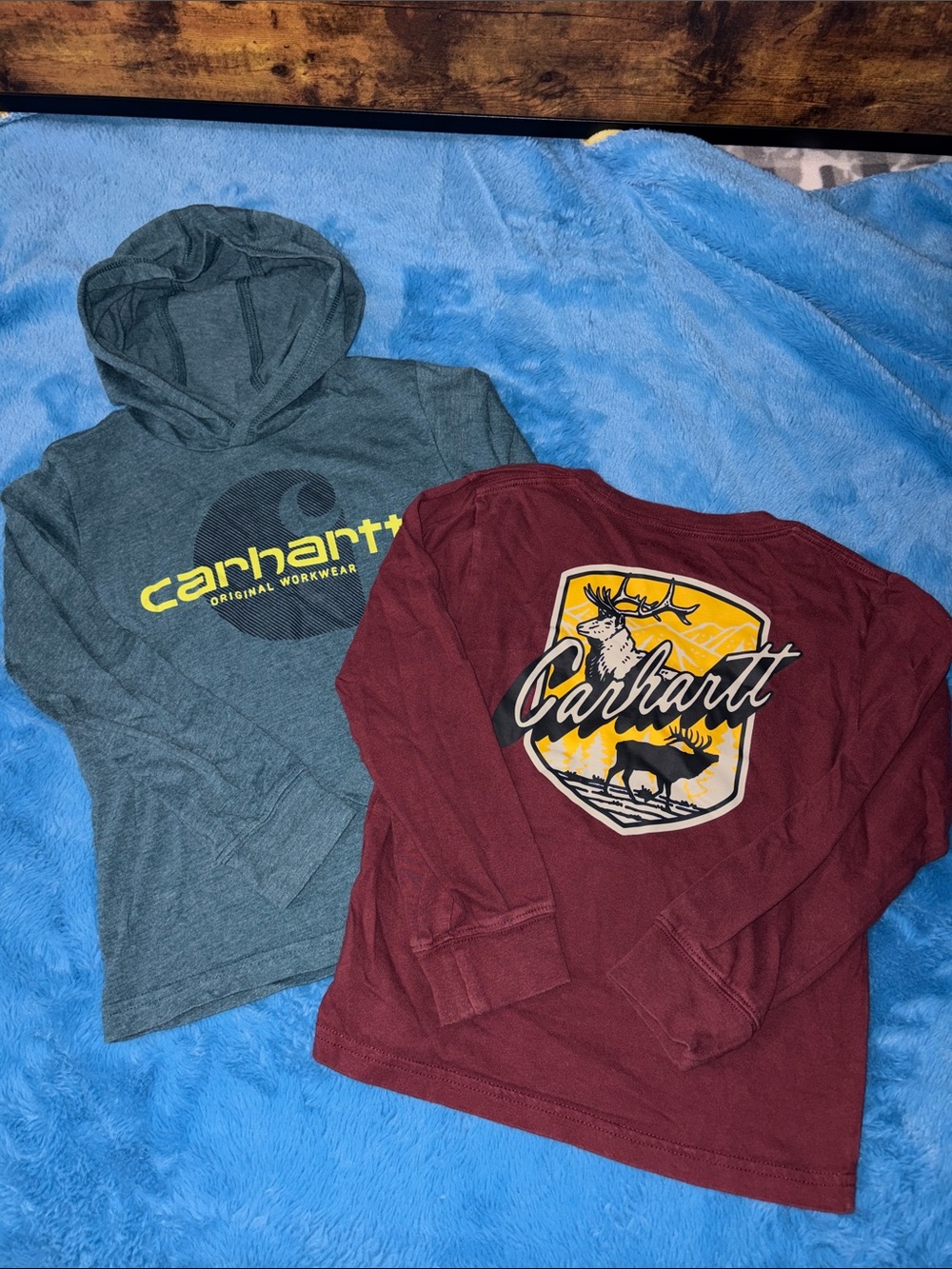 Carhartt Gray Hooded Long-Sleeve Tee & Maroon Graphic Long-Sleeve Tee